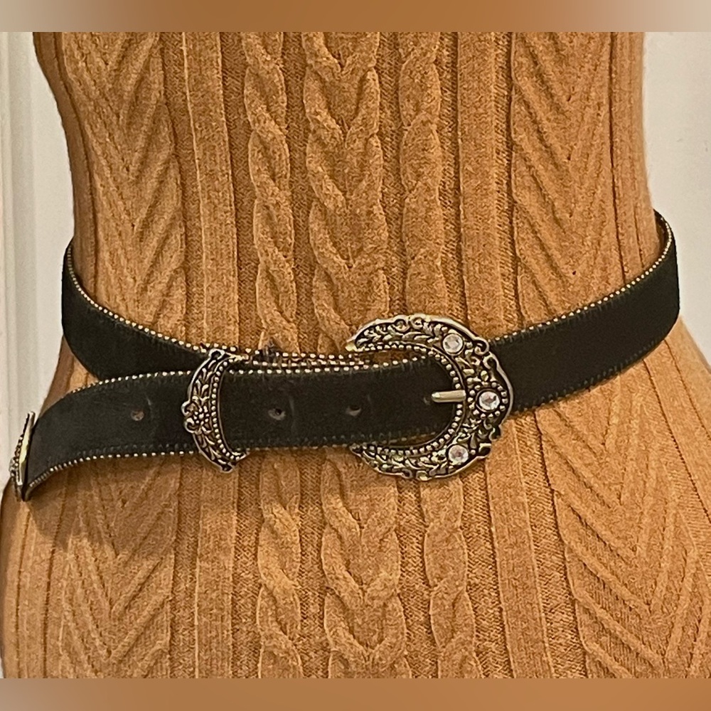 Streets Ahead Suede Belt, Ornate Gold Buckle, beaded trim, black - Picture 5 of 14